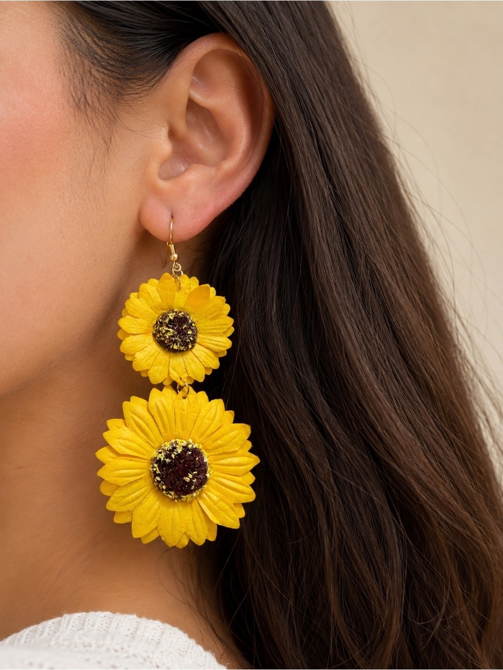 Handmade Sunflower Dangle Earrings Statement Floral Earrings Boho Jewelry